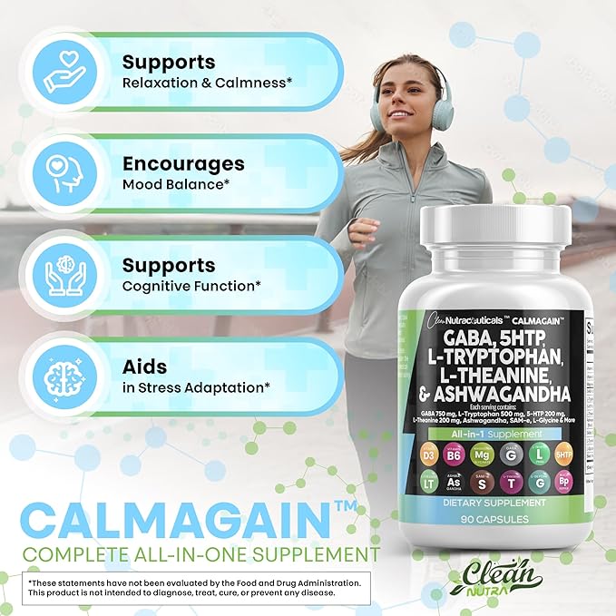 Clean Nutraceuticals GABA 750mg 5 HTP 200mg L Tryptophan 500mg L Theanine 200mg Ashwagandha SAM-e L-Glycine - Mood Support Vitamins for Women and Men with L-Tyrosine (90 Count (Pack of 5))