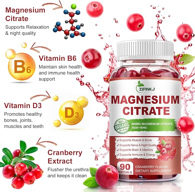 Magnesium Citrate 400mg, High Absorption Magnesium Citrate Supplement with Vitamin D3, Vitamin B6 and Cranberry Extract, Improved Night Quality Muscle & Bone for Women and Men, 135-Day Supply