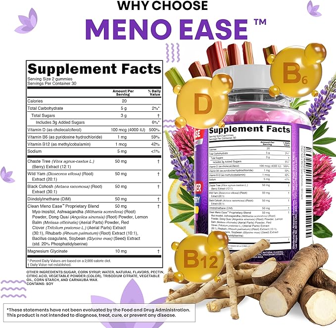 Menopause Supplement For Women Gummies with Black Cohosh, Wild Yam Magnesium, Red Clover For Menopause Relief Hormone Balance Night Sweats Mood Plus Bergamot, Vitamin D3, Vitamin B12, Vitamin B6 Clean