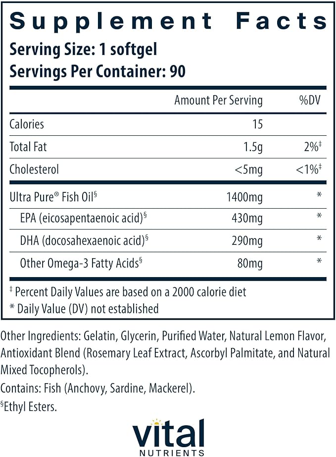 Vital Nutrients Ultra Pure® Fish Oil 800 - Supports Heart, Brain, & Immune Health* - Sustainably Sourced High EPA & DHA Omega-3 Fatty Acid - Lemon Flavor - Gluten, Dairy, Soy Free - 90 Softgels