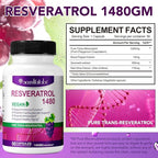 100% Natural Resveratrol - 1480mg Per Serving, 90 Veggie Capsules, 99% Pure Trans-Resveratrol, Antioxidant for Healthy Aging, Brain & Heart Support