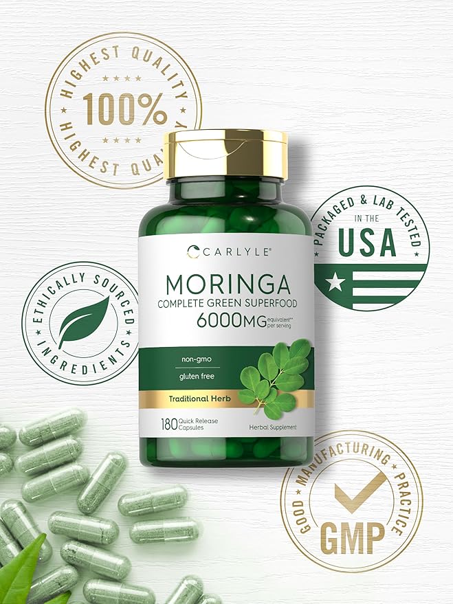 Carlyle Moringa Oleifera Supplement | 180 Capsules | Complete Green Superfood for Women and Men | Non-GMO and Gluten Free | from Moringa Leaf Powder