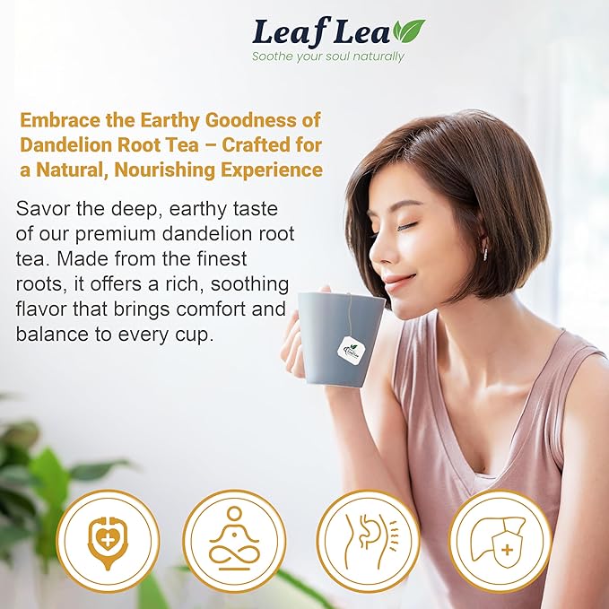 LeafLea 80 Dandelion Tea Bags, All Natural Dandelion Root Tea, Supports Digestion & Immune Health, Caffeine-Free, Vegan, No Sugar, Individually Wrapped Tea Bags, 2 Pack