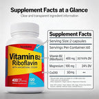 Vitamin B2 Riboflavin 400mg with Magnesium & CoQ10, High Potency Vitamin B2 Supplement for Energy Metabolism & Daily Wellness, 120 Veggie Capsules, 60 Day Supply