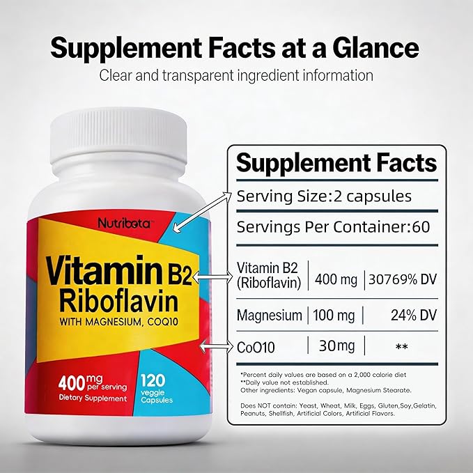 Vitamin B2 Riboflavin 400mg with Magnesium & CoQ10, High Potency Vitamin B2 Supplement for Energy Metabolism & Daily Wellness, 120 Veggie Capsules, 60 Day Supply