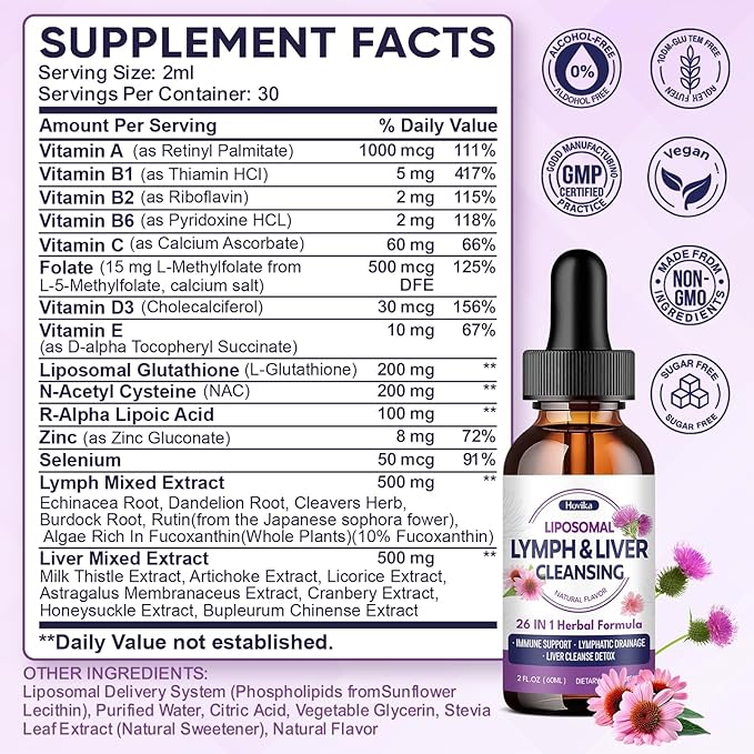 Liposomal Lymphatic Drainage Drops, 26 in 1 Liver Cleanse Detox & Repair with Milk Thistle, Echinacea, Glutathione, Vitamins, Lymph-Liver Cleanse, Gut & Metabolic Health - Natural Flavor 4 Fl Oz