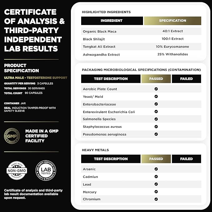 ULTRA MALE® Premium Testosterone Booster for Men w. 100:1 Shilajit, 40:1 Black Maca, Ashwagandha 25%, Tongkat Ali 10% - Clinical Strength Male Enhancing Testosterone Supplement for Men Health Libido+