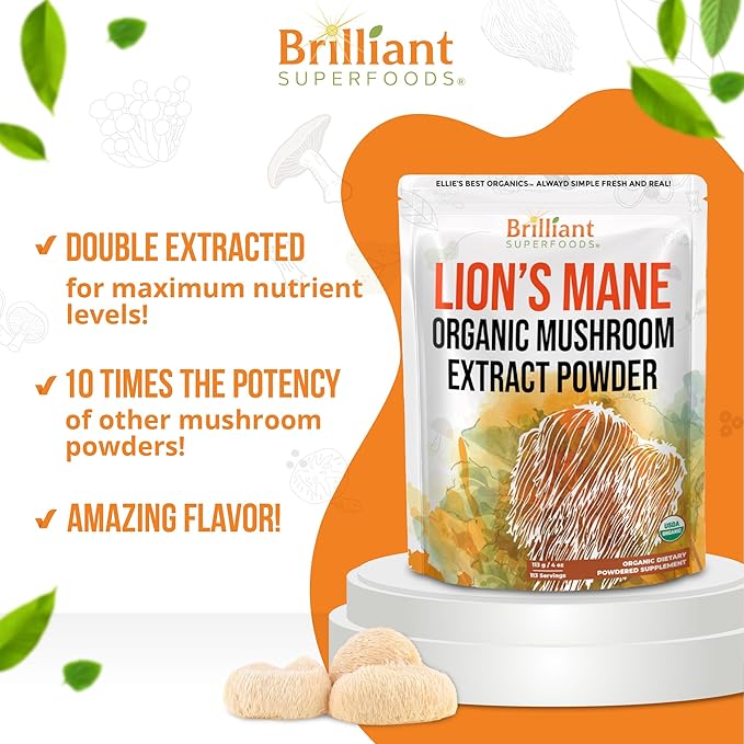 Ellie's Best Lions Mane Mushroom Extract Powder Supplement Organic 114 Servings - Double Extracted for Highest Potency - Dissolves in Coffee, Tea, Juice etc.4oz
