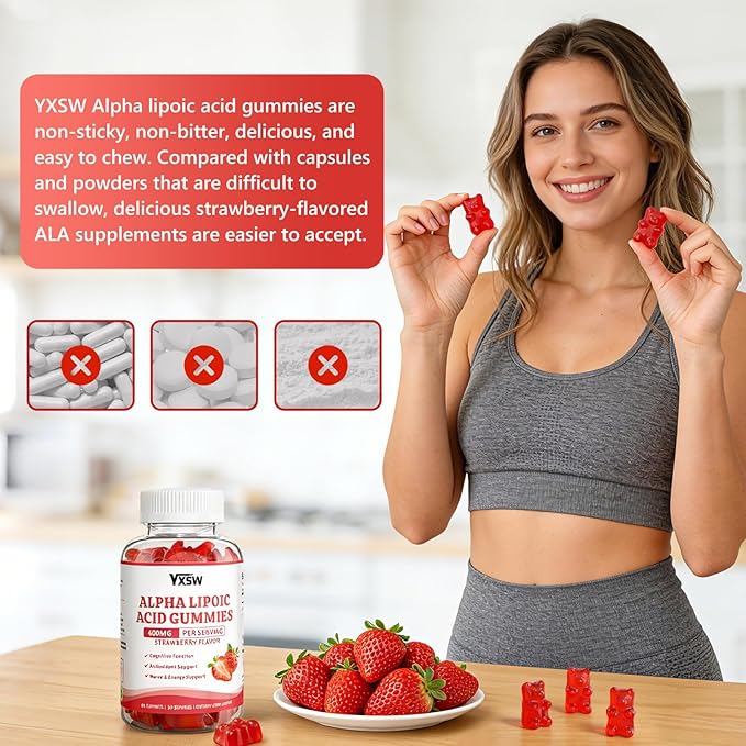 Alpha Lipoic Acid Gummies 400 MG, Chewable R Lipoic Acid Supplement for Antioxidant & Nervous System Support, Sugar Free, Vegan, Strawberry Flavor, 60 Count