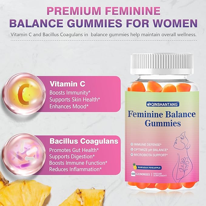 Feminine Balance Gummies for Women pH, Premium Balance Supplement for Women, Sugar Free Hawaiian Pineapple and Probiotic | Boost pH Health & Immune Support | Vegan, Gluten-Free, 60 Count
