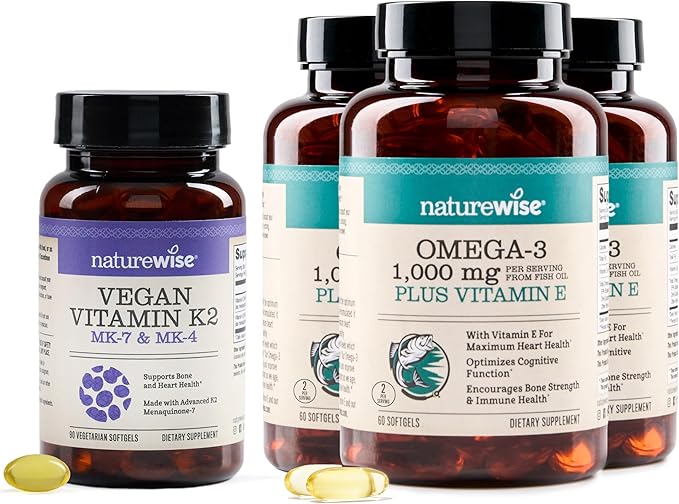NatureWise [1] Vitamin K2 - MK-7 100mcg + MK-4 500mcg - Non-GMO - 90 Softgels[3-Month Supply] + (Pack of 3) Omega 3 Fish Oil 1000mg + Vitamin E - Wild-Caught - 60 Softgels[30-Day Supply]
