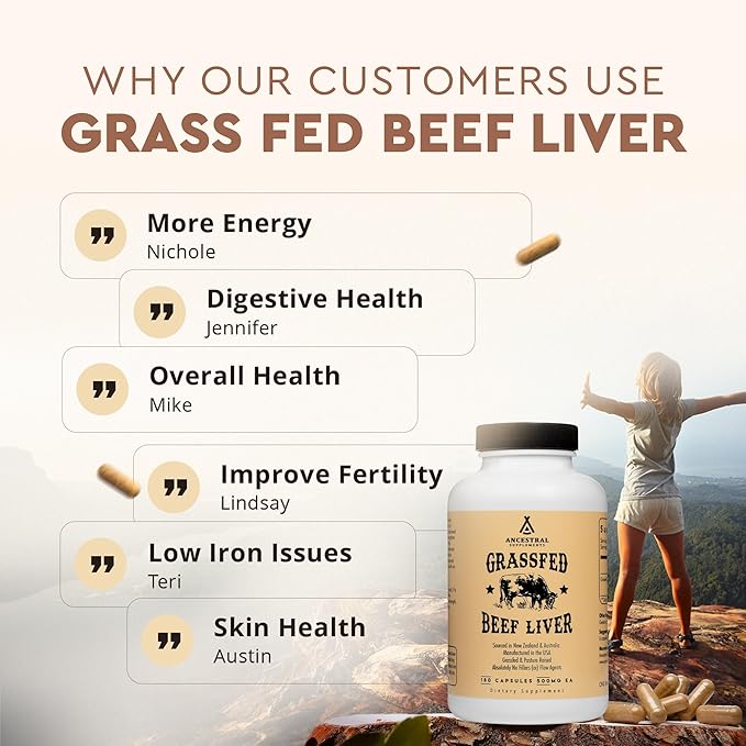 Ancestral Supplements Grass Fed Beef Liver 180 Capsules, Supports Energy Production, Detoxification, Digestion, Immunity and Full Body Wellness, Non-GMO, Freeze Dried Liver Health Supplement