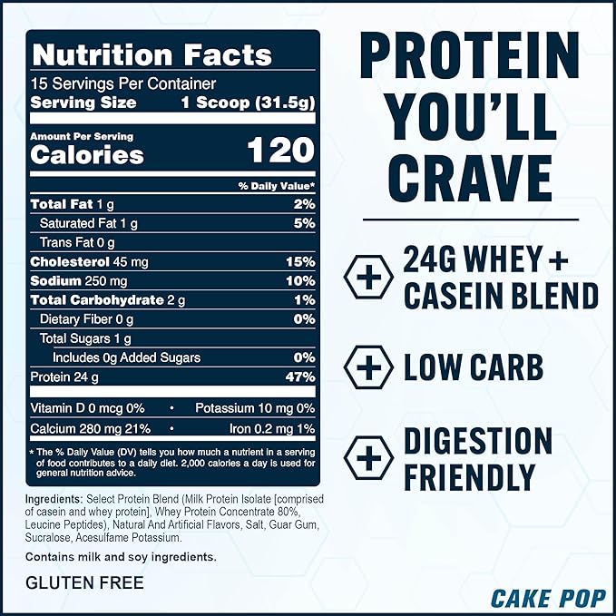 PEScience Select Protein Powder, Whey and Casein Blend, Lean Protein Powder for Women and Men, Low Calorie, Low Carb, Keto Friendly, Gluten Free, Cake Pop - 15 Servings
