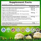 Organic Lion's Mane Supplement Capsules - Contains Naturally Occurring Beta Glucans & Polysaccharides, Enhanced with Organic Energy & Focus Support Blend: Cordyceps, Rhodiola Rosea, Ginseng, 120 Count
