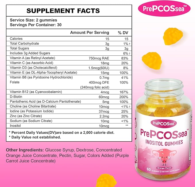 PrePCOSsea Inositol Gummies Vitamins, 2 Pack Orange Flavor Myo-Inositol Vitamin Gummies with Folate, B6, B12 & D-Biotin, 60 Count Soft Chews