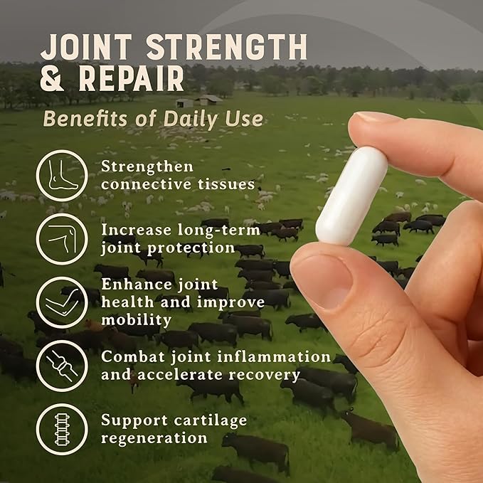 Heart & Soil 100% Grass Fed & Finished Joint Support Supplement from Regenerative Cattle with Trachea, Scapula & Bone Marrow – Supports Joint Strength & Mobility – 3000mg – Glass Bottle – 180 Capsules
