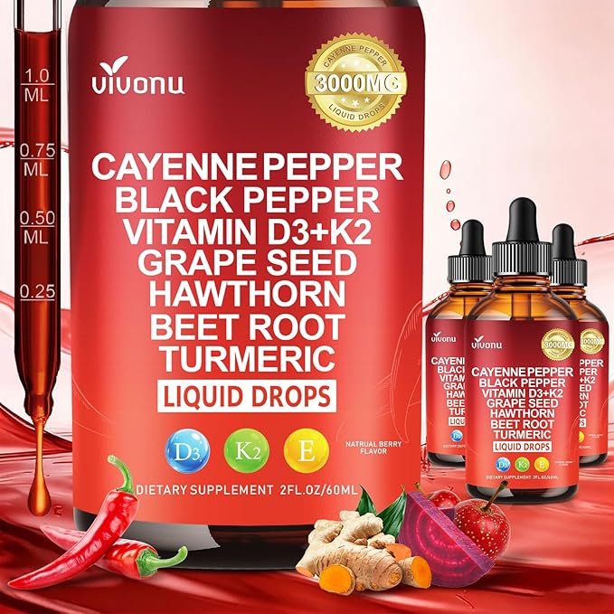 VivoNu Cayenne Pepper Softgels Supplement, Supports Leg Vein, Heart and Blood Vessel Health, with Vitamin E D3+K2 and Extracts of Grape Seed, Hawthorn, Beetroot, Berberine (Drops /3 Bottle)