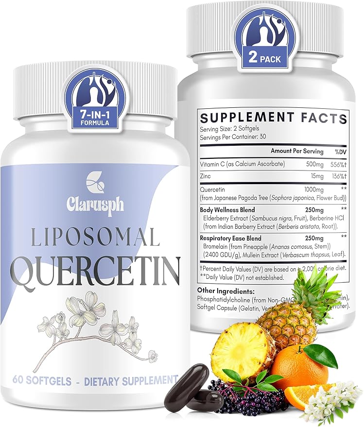 Quercetin with Bromelain | Liposomal Quercetin Supplements with Higher Absorption for Respiratory & Immunity* | Quercitin 1000mg with Vitamin C & Zinc, 120 Softgels (60 Day Supply)