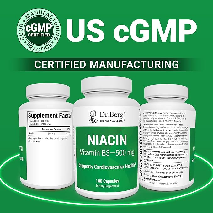 Dr. Berg Highly-Potent Niacin 500 mg – Now Only 125 mg per Capsule for Niacin Flush Tolerance Building – Gradually Increase to 500mg a Day – Vitamin B3 for Heart, Brain & Energy Support – 100 Capsules
