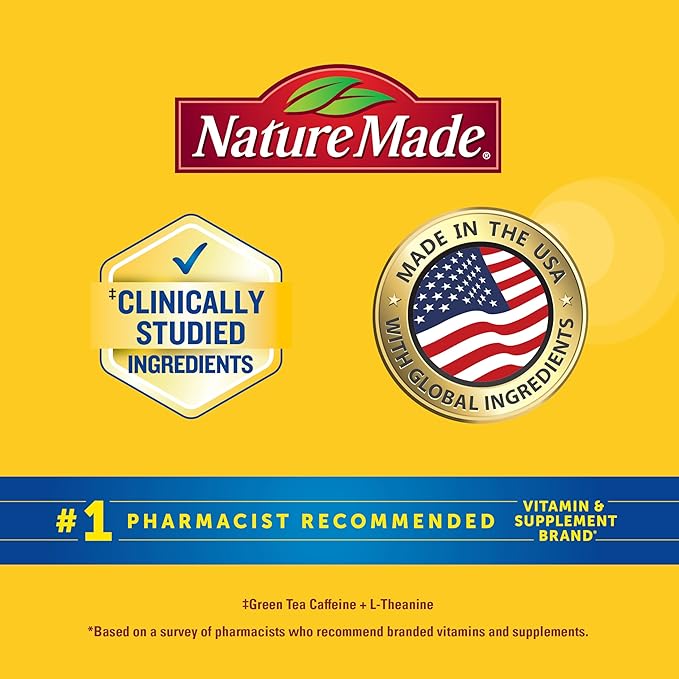 Nature Made Focus Boost Capsules, Green Tea Caffeine + L Theanine, B Vitamins, Fast Acting Focus Supplement, 30 Capsules, 30 Day Supply