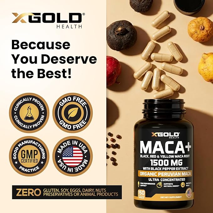 X Gold Health Organic Maca Root Capsules 1500mg – Peruvian Black, Red & Yellow Maca – Energy, Stamina, Libido & Hormone Balance Support for Men & Women – Vegan, Non-GMO – 150 Veggie Capsules