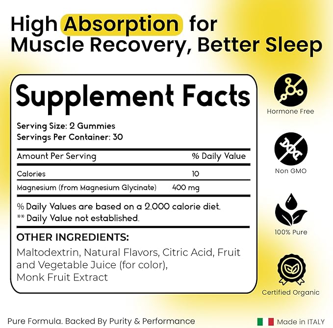 Magnesium Glycinate Gummies 400mg - Sleep Gummies for Kids & Adults - Magnesium Glycinate Chewable High Absorption for Muscle Recovery, Better Sleep & Relaxation, 60 Count, Pineapple