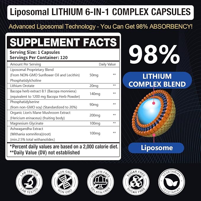Lisopomal Lithium Orotate Complex Capsules, Lithium Orotate 20 mg, Magnesium Glycinate & Ashwagandha, Brain Health Supplements for Cognitive, Mood & Memory – Non-GMO, 120 Vegan Capsules