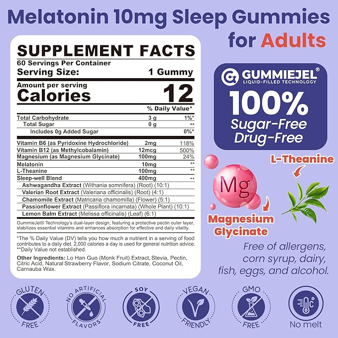 Melatonin Gummies 10mg 20mg with Magnesium for Adults | Drug Free | Sugar Free | L-Theanine, Ashwagandha, B6, B12, Lemon Balm & Chamomile, Supports Deep Relaxation, Sleep Aid, 120 Cts