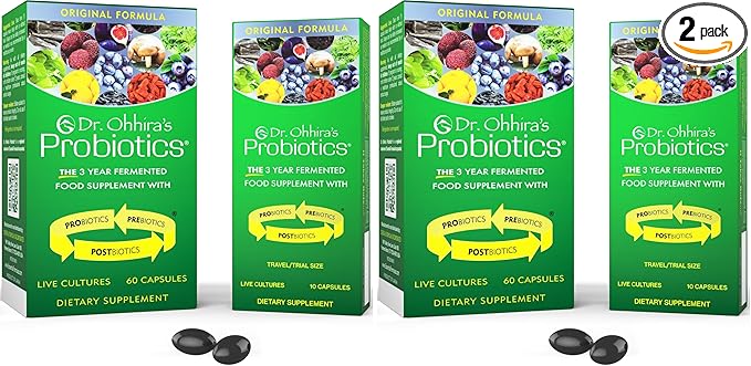 Essential Formulas Dr. Ohhira's Probiotics, Original Formula, 60 Caps with Bonus 10 Capsule Travel Pack - 13 Probiotic Strains with Prebiotics and Postbiotics (Pack of 2)