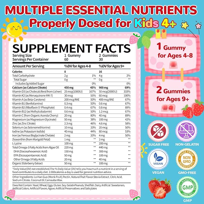 Kids Calcium Gummies with Vitamin D3: Sugar Free Chewable Kids Calcium Citrate plus Vitamin D3 K2 Magnesium Zinc Multivitamin Omega 3 - Growth Digestive Development Support Non-GMO(120Count)