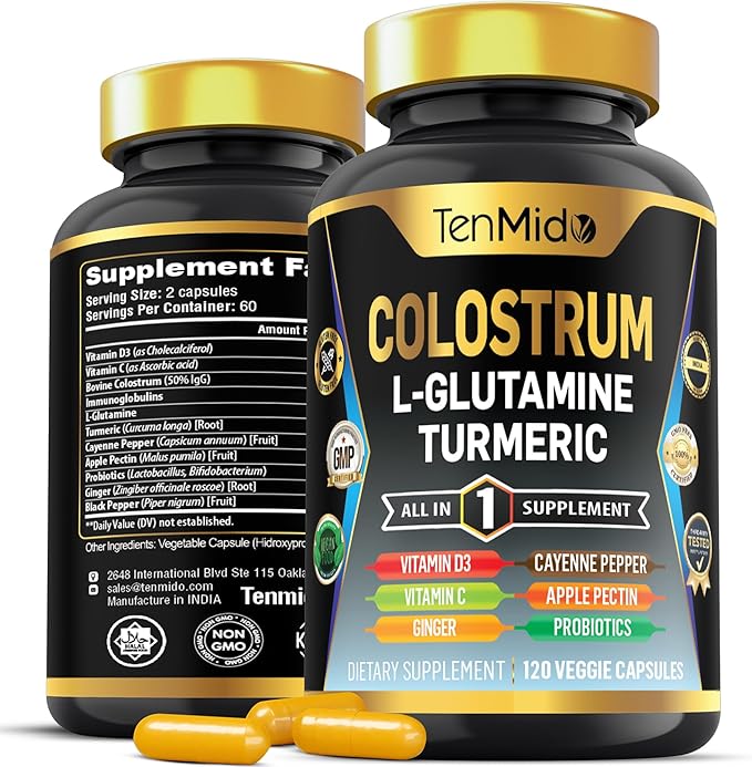 Colostrum Supplement - 10in1 Formula - Combine with L- Glutamine, Turmeric, Cayenne Pepper, Apple Pectin, Probiotics, Ginger, and More - Digestive Health, Immune Support - 120 Capsules