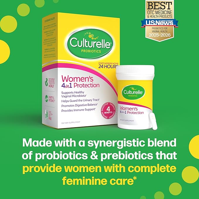 Culturelle 4-in-1 Probiotics for Women, Daily Probiotic & Prebiotic Supplement to Support Vaginal Health, Digestive Health, Immune Health, Occasional Diarrhea, Gas & Bloating Relief, Non-GMO, 30 Count