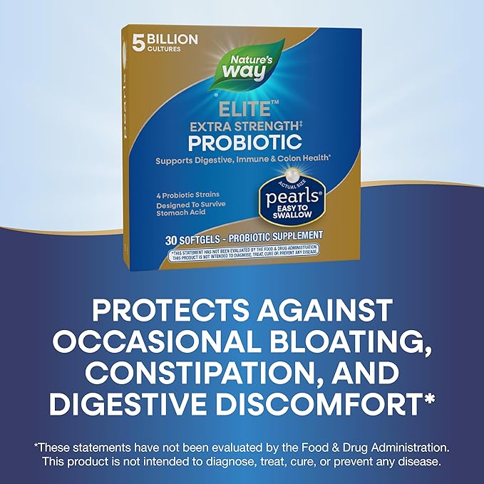 Nature's Way Elite Extra Strength Probiotic Pearls for Men and Women, Supports Digestive, Immune, Colon Health*, 5 Billion Live Cultures, No Refrigeration Required, 30 Softgels