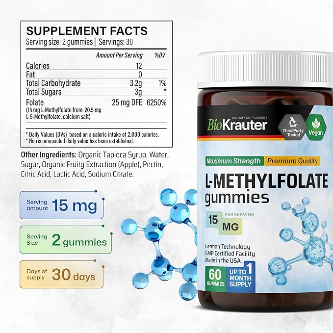 BIO KRAUTER® L Methylfolate Gummies for Folic Support - Folic Acid Gummies (Vitamin B9) MTHF Supplement for Mood Support - Folate Supplement 15 mg L-Methylfolate per Serving, 60 Vegan Gummies