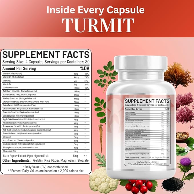 Tart Cherry Extract Capsules 20,000mg with Turmeric 8000mg Moringa 4000mg Cranberry 2000mg Chanca Piedra Celery Quercetin ACV Pomegranate L Selenomethionine - Uric Levels - 120 Ct