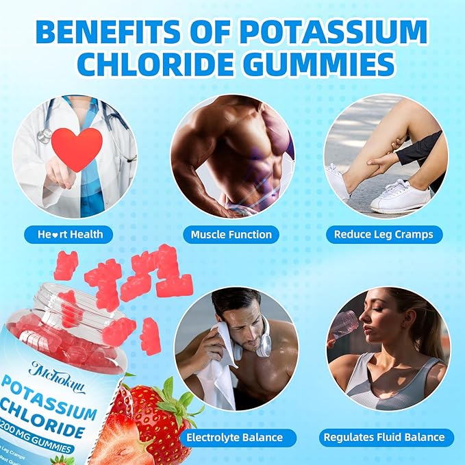 Potassium Chloride Gummies 1200mg for Adults & Kids, Sugar-Free Potassium Supplement Gummies Support Leg Cramps & Electrolyte Balance for Women & Men, Strawberry Flavor, 120 Count