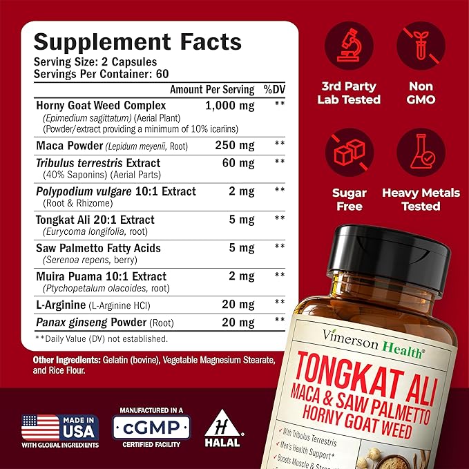 HornyGoatWeed for Men (1000mg per Serving) – Male Enhancing Supplement w/ Maca Root, Tongkat Ali, Saw Palmetto, Panax Ginseng, Tribulus Terrestris & L-Arginine for Energy, Drive & Strength, 120 Count