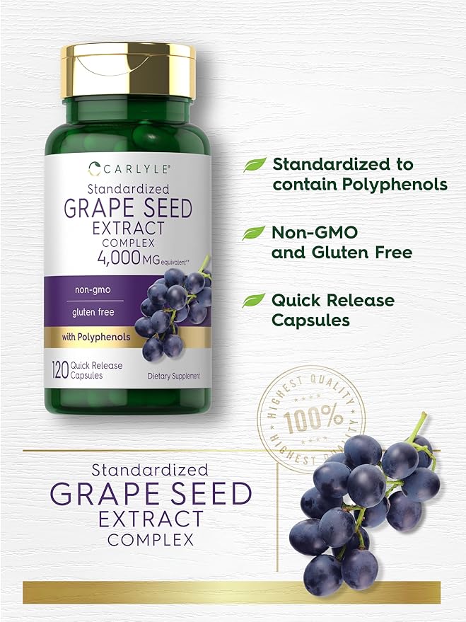 Carlyle Grape Seed Extract | 120 Quick Release Capsules | Standardized Extract Complex with Polyphenols | Non-GMO, Gluten Free Supplement