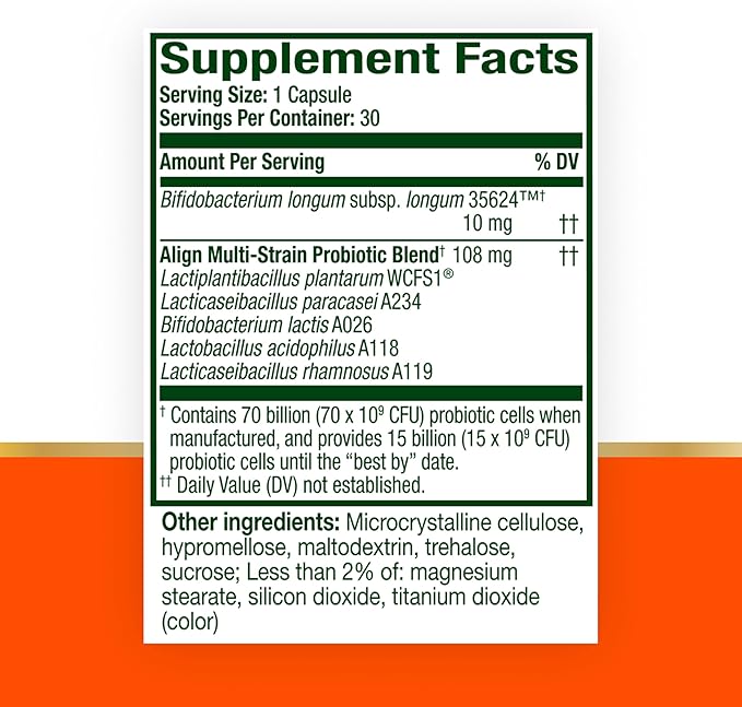 Align Probiotic, 70 Billion CFU, 6 Strain Blend, Probiotics for Women and Men, Daily Probiotics for Digestive Health, Helps Relieve Occasional Bloating & Gas 30 Capsules
