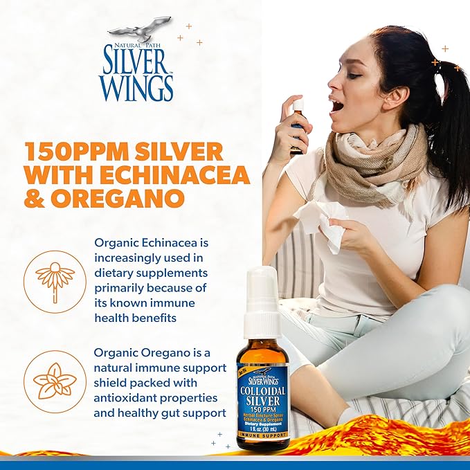 Natural Path Silver Wings Colloidal Silver 150ppm (750mcg) w/Echinacea & Oregano Immune Support Supplement - 1 fl. oz Spray