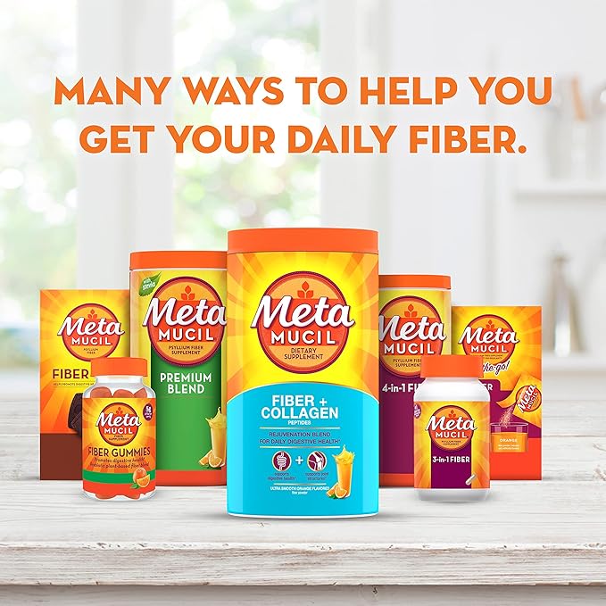 Metamucil Daily Fiber + Collagen, Psyllium Husk Powder, Plant Based Fiber Supplement, Sugar-Free with Stevia, 3-in-1 Fiber Supplement for Digestive Health, Orange Flavored, 90 Doses