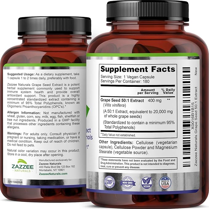 Zazzee High Strength Grape Seed 50:1 Extract, 180 Vegan Capsules, 95% Polyphenols, 400 mg per Capsule, 6 Month Supply, Antioxidant, Circulation & Blood Flow Support, Non-GMO, Made in the USA