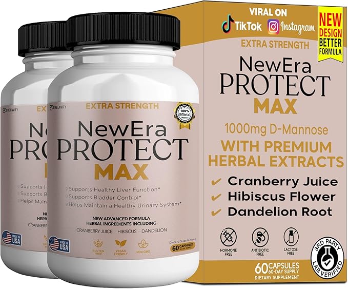 New Era Protect Max Extra Strength Urinary Support Supplement, 60 Veggie Capsules, 1000mg D-Mannose with Cranberry, Hibiscus, Dandelion (2)