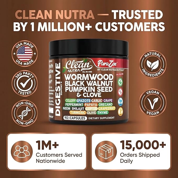 Clean Nutra Wormwood Black Walnut Pumpkin Seed Clove Oil Celery Garlic Grape Papaya Neem Diatomaceous Earth Womens Probiotic Gut Health Cleanse Detox Oregano Olive Turmeric Supplement Vegan Capsules
