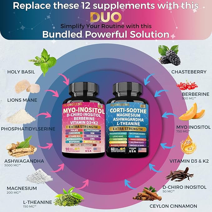 ALongDeng Soothe-Smooth Bundle,Soothe & Smooth Bundle Multivitamin Combo, Cortisol Support Myo-Inositol Multivitamin Combo with Magnesium Glycinate, Ashwagandha, L-Theanine & Herbal Blend - D