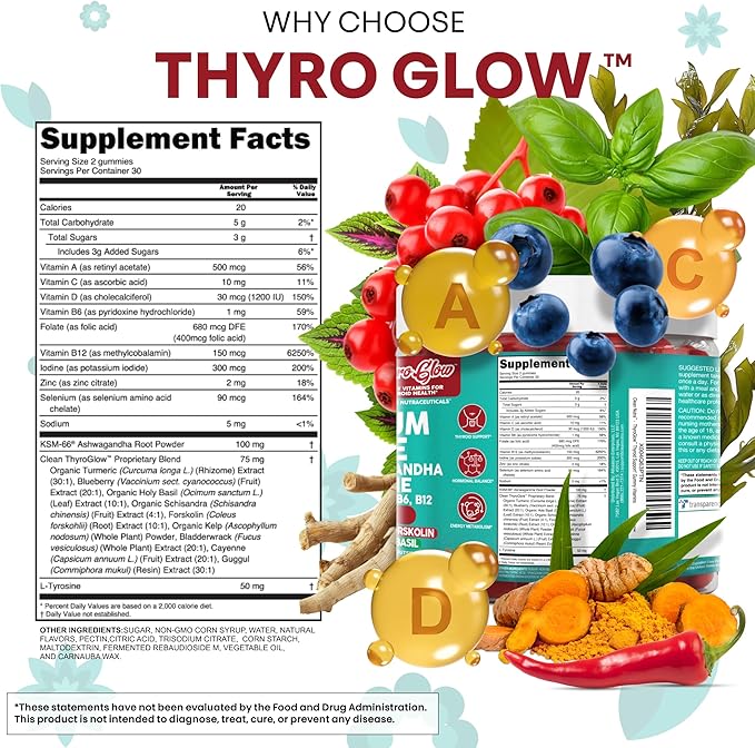 ThyroGlow Thyroid Support Gummies Selenium Iodine KSM 66 Ashwagandha L Tyrosine Vitamin D, C, B12, B6 Turmeric Blueberry Holy Basil Folate Bladderwrack By Clean Nutra