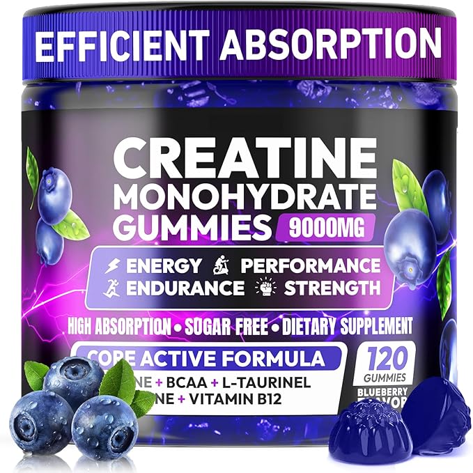 Creatine Gummies Monohydrate Complex for Men & Women, 9000MG Creatine Pre-Workout Supplement Enhance Muscle Strength Recovery Cognitive Health & Memory, 120 Gummies Sugar Free Vegan Non-GMO