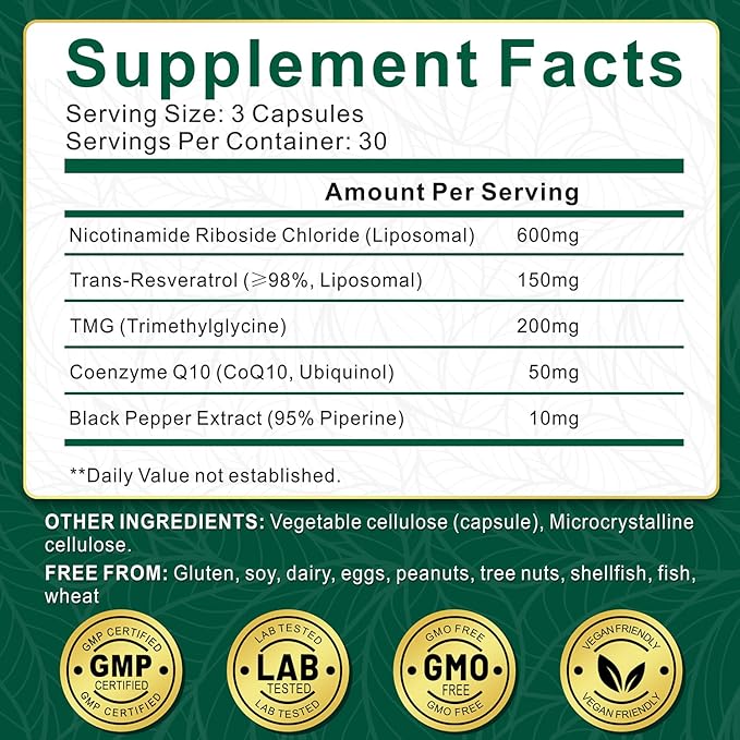 NBOOCUP NAD Supplement - 1010mg Nicotinamide Riboside Chloride Complex, Liposomal NR Supplements, Resveratrol NAD+ for Anti Aging, Cellular Energy, Skin, Focus - 90 Capsules