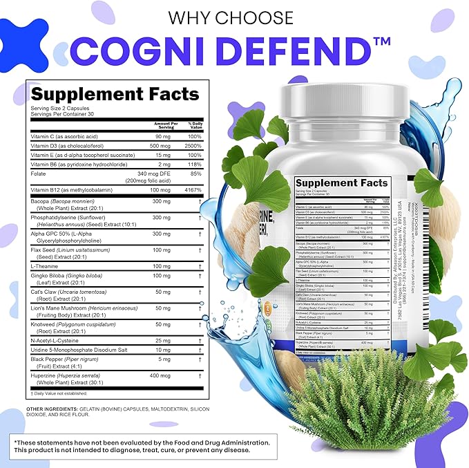 Brain Supplement Alpha GPC 300mg Phosphatidylserine Bacopa Monnieri Ginkgo Biloba Lions Mane Huperzine A L-Theanine NAC Nootropic Memory Focus Cognitive Support Vitamins B C D E 60 Capsules USA