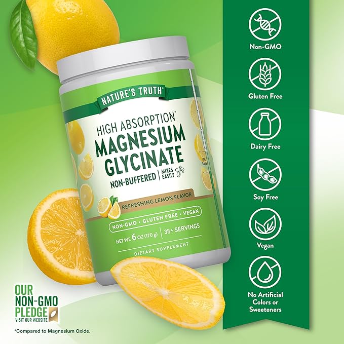 Nature's Truth Magnesium Glycinate Powder | 6 oz | Lemon Flavor | High Absorption | Vegan, Non-GMO, Gluten Free Supplement